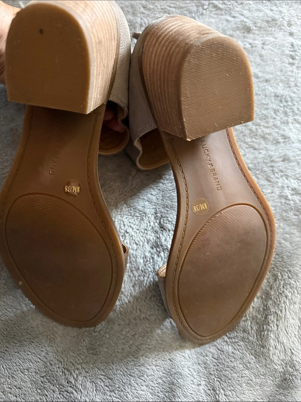 Lucky Brand leather Women's Taupe Open-Toe Ankle Strap Sandals with heel, zip